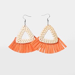 Orange Boucles d'oreilles faites à la main de canne / rotin, avec bordure en papier et franges et 304 crochets en acier inoxydable, orange, 81~88mm, pin: 0.6 mm