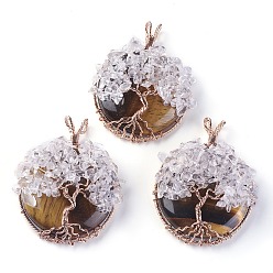 Тигровый глаз Большие подвески из натурального тигрового глаза и кристалла кварца, с фурнитурой латуни розового золота тон, плоские круглые с дерева жизни, 58~61.5x44~48x14~16.5 мм, отверстие : 4~5x3.5~6 мм