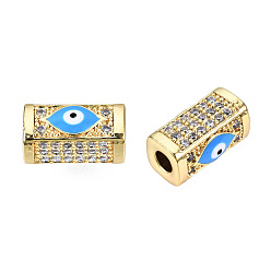Deep Sky Blue Brass Micro Pave Cubic Zirconia Beads, with Enamel, Real 18K Gold Plated, Rectangle with Evil Eye, Nickel Free, Deep Sky Blue, 14x8x7mm, Hole: 3.5mm