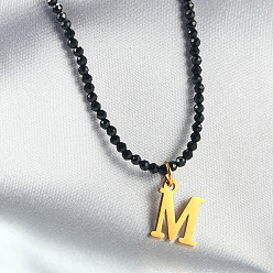 Letter M 304 подвеска из нержавеющей стали с инициалом, ожерелья из граненых круглых бусин черного стекла для женщин, золотые, Буква М, 15.35 дюйм (39 см)