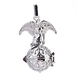 Platinum Rack Plating Brass Cage Pendants, For Chime Ball Pendant Necklaces Making, Hollow Round with Angel, Platinum, 46x31x21mm, Hole: 3x7mm, inner measure: 18mm