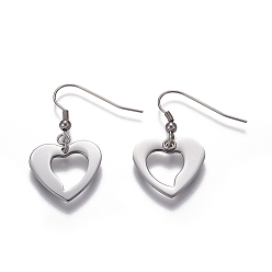 Stainless Steel Color Tarnish Resistant 304 Stainless Steel Dangle Earrings, Hypoallergenic Earrings, Heart, Stainless Steel Color, 39mm, Pin: 0.8mm