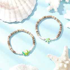 Желтый Браслеты из кокосовых бусин с морскими черепахами и морскими звездами, с латунными разделительными бусинами и окрашенными синтетическими бирюзовыми бусинами, желтые, внутренний диаметр: 2-1/8 дюйм (5.5 см), 2 шт / комплект