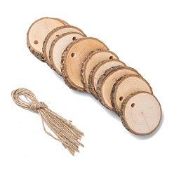 BurlyWood Flat Round Wood Big Pendant Decorations, with Hemp Rope, BurlyWood, 54~65x53~70x7.5~10mm, Hole: 5.5mm, Hemp Rope: 275x1mm, 10pcs/bag