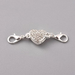 Серебро Сплав Rhinestone магнитные застежки, с карабин-лобстерами , сердце, серебряный цвет гальваническим, 45 мм, застежкой омар: 12x7x3 mm, Сердце: 11x18x7 mm