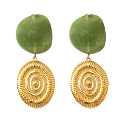 Olive Drab Alloy Resin Stud Dangle Earrings, Oval, Golden, Olive Drab, 77x30mm