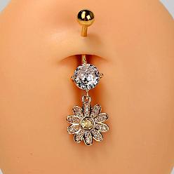 Цветок 304 Кольца для живота в форме изогнутой штанги из нержавеющей стали с прозрачным кубическим цирконием, золотые, цветок, 37 мм