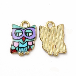 Средний Бирюзовый Печатные подвески сплава, без свинца, без кадмии и без никеля, очарование совы, золотые, средне бирюзовый, 15x10.5x2 мм, отверстие : 1.8 мм