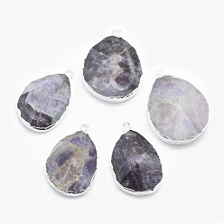 Аметист Подвески из натурального шеврона с аметистом, с латунной фурнитурой , граненые, слеза, серебряный цвет гальваническим, 31~35x20~25x7~9 мм, отверстие : 2.5 мм