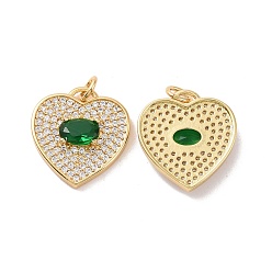Зеленый Сердце латунные микро проложить кубического циркония подвески, с прыжковых колец, без кадмия, без никеля и без свинца, реальный 18 k позолоченный, зелёные, 18x17x4 мм, отверстие : 3 мм