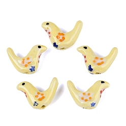 Pale Goldenrod Handmade Porcelain Beads, Hand Painted, Famille Rose Porcelain, Bird, Pale Goldenrod, 14~15x19~20x7~8mm, Hole: 1.6~2mm