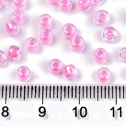Бледно-Розовый 6/0 стакан бисер, внутри цветов, круглое отверстие, круглые, прозрачные цвета радуги, розовый жемчуг, 6/0, 4~5x2.5~4.5 мм, отверстия: 1.2 мм, около 4500 шт / мешок