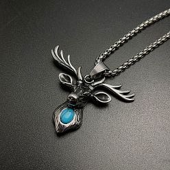 Нержавеющая Сталь Цвет Ожерелья с подвеской в виде головы оленя из нержавеющей стали с паве из синтетической бирюзы для уличной моды, цвет нержавеющей стали