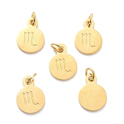 Scorpio Golden Plated 304 Stainless Steel Charms, Flat Round with Constellations Pattern, Scorpio, 13.5x10x1mm, Jump Ring: 5x1mm, Hole: 3mm