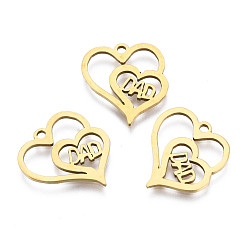 Golden Ion Plating(IP) 201 Stainless Steel Pendants, Laser Cut, Heart with Word DAD, Golden, 16x14.5x1mm, Hole: 1.4mm