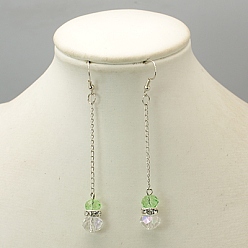 Light Green Fashion Glass Ball Dangle Earrings, with Brass Middle East Rhinestone Beads, Iron Chains and Brass Earring Hooks, Light Green, 80mm