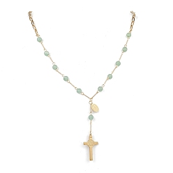 Зеленый Авантюрин Круглые четки из натурального зеленого авантюрина, 304 Женские ожерелья с подвеской в виде креста из нержавеющей стали, золотые, 24.92 дюйм (63.3 см)
