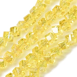 Yellow Electroplate Transparent Glass Beads Strands, Cube, Faceted, AB Color Plated, Yellow, 3.5x4.5x4mm, Hole: 1.1mm, about 99pcs/strand, 13.46''(34.2cm)