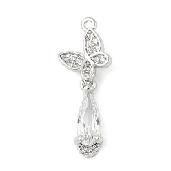 Платина Латунные микро проложить кубического циркония подвески, без кадмия, без никеля и без свинца, бабочка со слезой, платина, 25x9.5x4 мм, отверстие : 1 мм