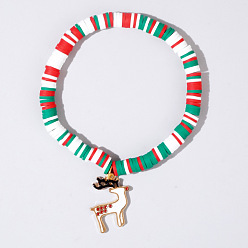 Олень Рождественские 304 браслеты из нержавеющей стали с эмалированными подвесками, Разноцветные браслеты из полимерной глины с бусинами хейши, эластичные, для женщин и мужчин., золотые, северный олень, 6.50 дюйм (16.5 см)