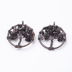 Дымчатый Кварц Природные дымчатый кварц подвески, с латунной фурнитурой , Красная медь, плоские круглые с дерева жизни, 29x5~7 мм, отверстие : 4.5 мм