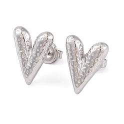 Stainless Steel Color Non-Tarnish 304 Stainless Steel Stud Earrings for Women, Texture Heart, Stainless Steel Color, 15x11.5mm