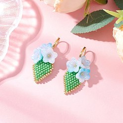 Светло-Синий Серьги-цветы ручной работы из стеклянных бусинок с застежкой-молнией, с акрилом и 304 нержавеющей сталью, золотые, голубой, 40~41x20 мм