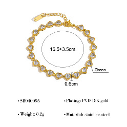Сердце 304 Браслеты из нержавеющей стали с цепочкой из прозрачных кубических цирконий для женщин, реальный 18 k позолоченный, сердце, 6.30 дюйм (16 см)
