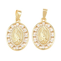 Настоящее золото 18K Латунные микро проложить кубического циркония подвески, овал с подвесками Девы Марии, долговечный, стойки покрытие, без свинца и без кадмия, реальный 18 k позолоченный, 31x20.5x3.5 мм, отверстие : 4.5x3.5 мм