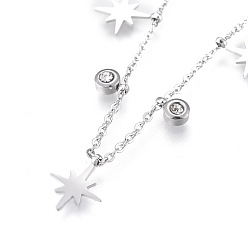 Нержавеющая Сталь Цвет 304 подвесные из нержавеющей стали ожерелья, с четким кубического циркония, кабельные цепи и круглые бусы, звезда, цвет нержавеющей стали, 16.61 дюйм (42.2 см)