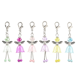 Античное Серебро 6шт. подвесные украшения в виде ангела из сплава и стекла, Сплав с застежками когтя омара, античное серебро, 48 мм