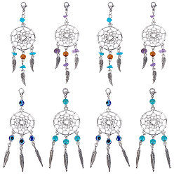 Смешанные камни 16шт 4 стили подвески из сплава украшения, тканая сетка/паутина с подвеской из перьев, с бусинами из драгоценных камней/смолы и латунными застежками-карабинами, старинное серебро и платина, 85.5~98 мм, 4 шт / стиль