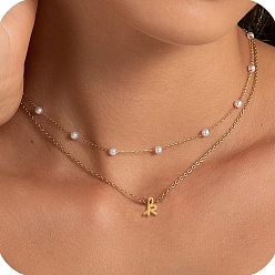 Letter K 2 шт. 304 двухслойные ожерелья с подвеской в виде буквы из нержавеющей стали и белого пластика с имитацией жемчуга, золотые, Письмо K, 17.72 дюйм (45 см)