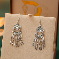 Белый Плоские круглые серьги-люстры в стиле бохо из сплава, стразов и стеклянных бусин, античное серебро, белые, 90 мм