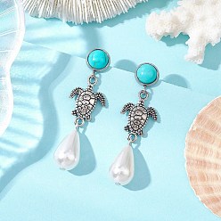 Tortoise Серьги-гвоздики из искусственного жемчуга и сплава из АБС-пластика, с 304 серьгами-гвоздиками из нержавеющей стали и синтетической бирюзой, античное серебро, черепаха, 50.5x14.5 мм