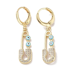 Light Blue Golden Brass Dangle Leverback Earrings, with Enamel and Cubic Zirconia, Safety Pin with Evil Eye, Light Blue, 36.5x8mm