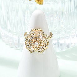 Золотой Вращающиеся открытые манжеты-кольца для женщин с клевером, Кольца-спиннеры из латуни с микропаве из кубического циркония для женщин, золотые, внутренний диаметр: 16 мм, Четырехлистный клевер: 15.5мм в диаметре