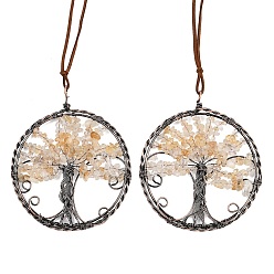 Желтый Кварц Подвесные украшения из латуни и натурального желтого кварца, плоский круглый с подвесными украшениями в виде дерева жизни, 390~400 мм