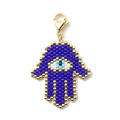 Dark Blue Braided Japanese Seed Beaded Pendant Decoration, Lobster Clasps Charms, Clip-on Charms, for Keychain, Purse, Backpack Ornament, Hamsa Hand/Hand of Miriam with Evil Eye, Dark Blue, 4.7cm