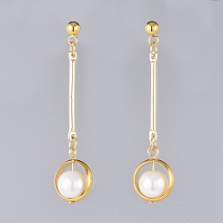 Golden Dangle Stud Earrings, with Glass Pearl Beads, 304 Stainless Steel Stud Earring Findings and Brass Findings, Golden, 50mm, Pin: 0.8mm