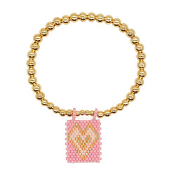 Pink Богемные стеклянные браслеты с подвесками из бисера, латунные круглые бусины эластичные браслеты для женщин, Прямоугольник с сердцем, золотые, розовые, регулируемый