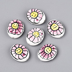 Бледно-Розовый Фарфоровые бусины ручной работы, пастельный фарфор, овальный и цветок, розовый жемчуг, 19.5~20x16x5~6 мм, отверстие : 1.6~2 мм