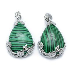 Малахит Синтетического малахита подвески, со сплавочной фурнитурой, слеза, платина, 40.5x28.5x10 мм, отверстие : 4.5x8 мм