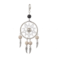 Silver Woven Web/Net with Feather Glass Seed Beads Pendant Decorations, Natural Lava Beads & Lobster Claw Clasps for Bag Ornaments, Silver, 110mm