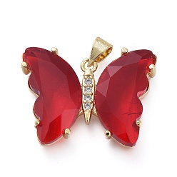 Red Brass Micro Pave Clear Cubic Zirconia Pendants, with Glass, Butterfly, Golden, Red, 20x26.5x5mm
