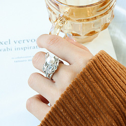 Нержавеющая Сталь Цвет Открытые манжеты из нержавеющей стали с цветком, с натуральным пресноводным жемчугом, цвет нержавеющей стали, 15 мм, размер США 7 (17.3 мм)