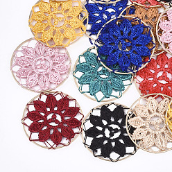 Mixed Color Polycotton(Polyester Cotton) Woven Pendant Decorations, with Brass Findings, Flat Round with Flower, Light Gold, Mixed Color, 35x1mm
