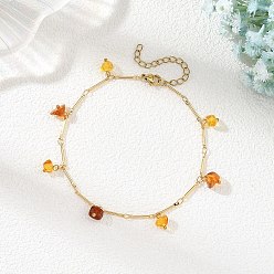 Golden Natural Amber Chip Tassel Brass Bar Link Chain Anklets for Women, Golden, 8-5/8 inch(220mm)