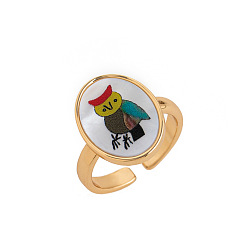 Owl Brass & Shell Cuff Open Rings, Golden, Oval, Owl, 18mm