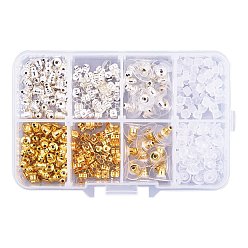 Mixed Color Silver Brass and Plastic Ear Nut 5 Types Sets Earring Studs for Jewelry Making Findings, Mixed Color, 2.5~11x3.2~11x2.5~7mm, Hole: 1mm, Brass Plastic Ear Nut: about 10pcs/compartment, Others: 50pcs/compartment.